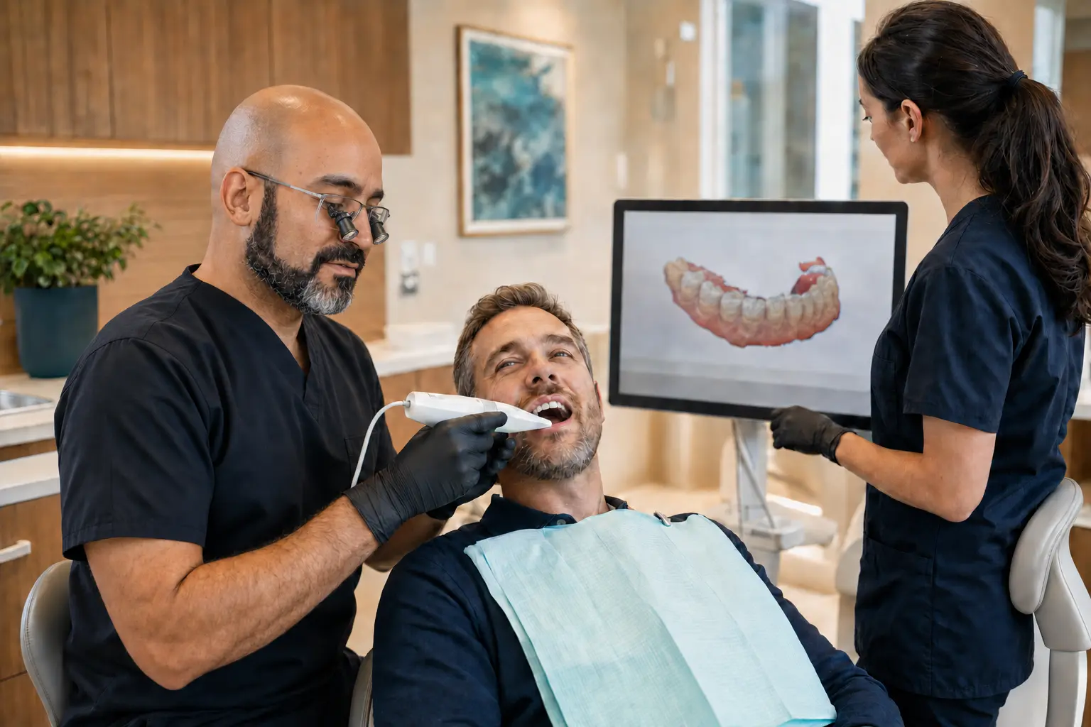 Dr. Selim using a digital scanner while a team member views the scan