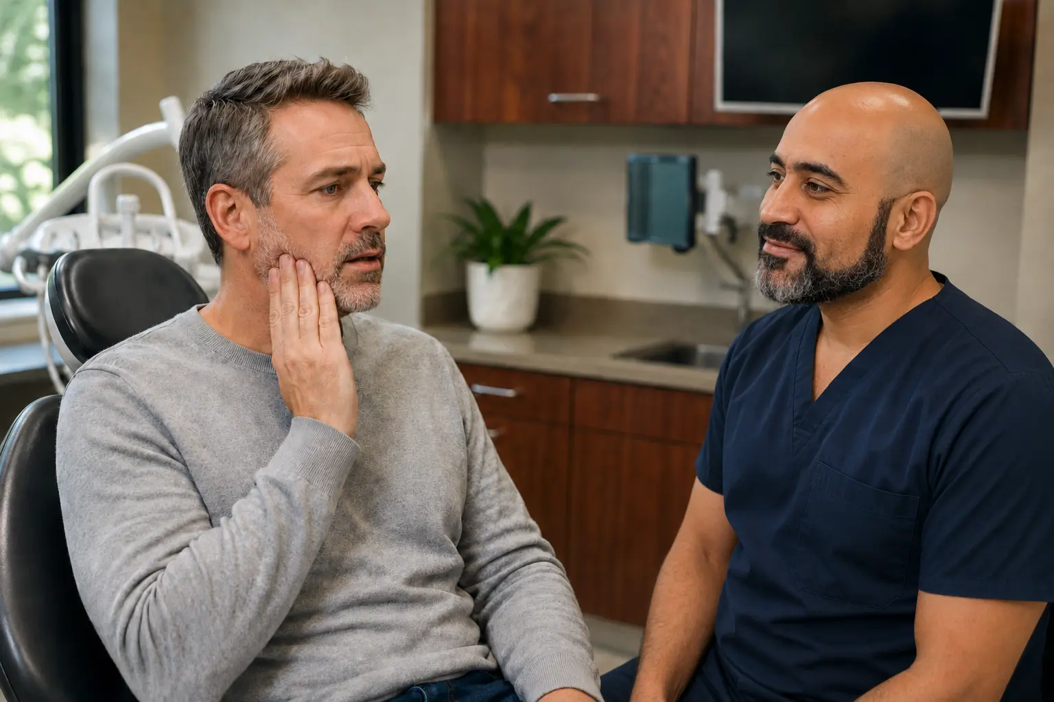 Dr. Selim listening to a patient describe dental pain