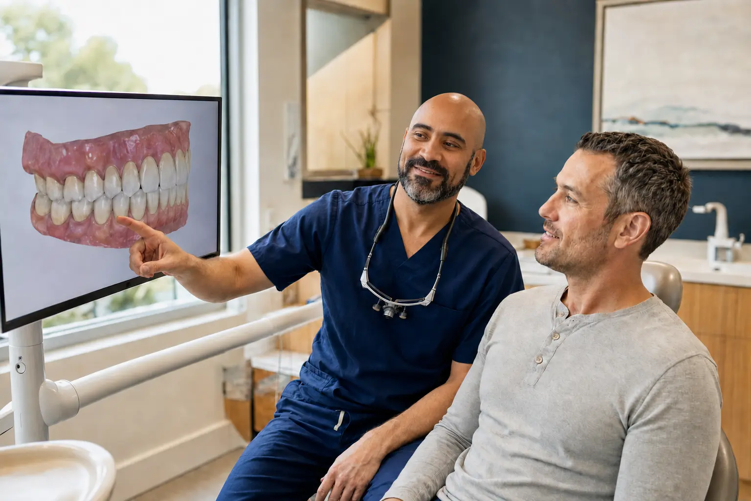 Dr. Selim reviewing a digital model of a patient's teeth with him